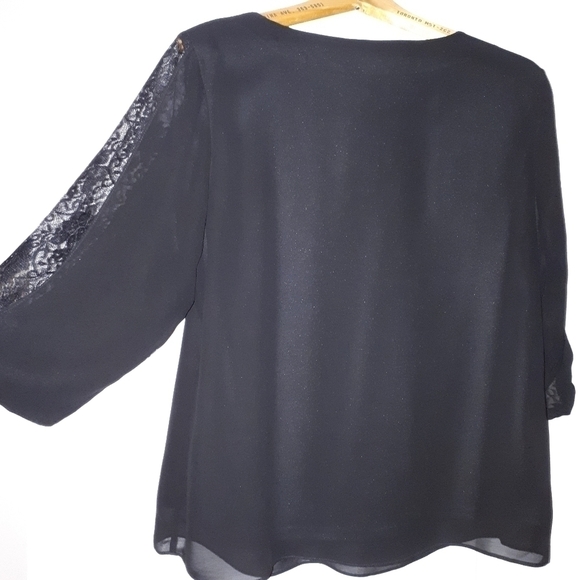 Cleo Petites Lace Trim Puff Sleeve Chiffon Tunic Blouse Black Women's Large - Picture 1 of 5